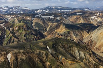 Mountain landscape, sunny, summer, snowfields, volcanic landscape, aerial view, Landmannalaugar,
