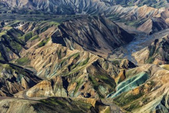 Mountain landscape, sunny, summer, ryolite rock (green), volcanic landscape, aerial view,