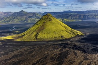 Mountain landscape, sunny, summer, volcanic landscape, river bed, river, aerial view, Maelifell