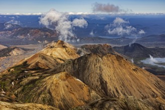 Mountain landscape, lake, river, sunny, summer, volcanic landscape, aerial view, Landmannalaugar,