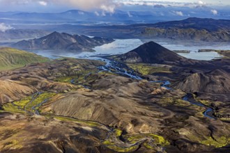 Mountain landscape, lake, river, sunny, summer, volcanic landscape, aerial view, Landmannalaugar,