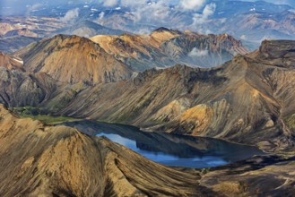 Mountain landscape, lake, sunny, summer, volcanic landscape, aerial view, Landmannalaugar,