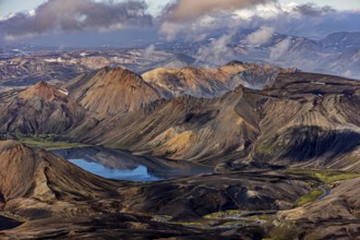 Mountain landscape, lake, river, sunny, summer, volcanic landscape, aerial view, Landmannalaugar,