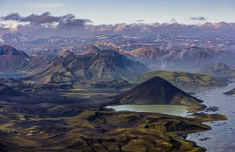 Mountain landscape, lake, river, sunny, summer, volcanic landscape, aerial view, Landmannalaugar,