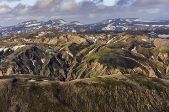 Mountain landscape, sunny, summer, snowfields, volcanic landscape, aerial view, Landmannalaugar,