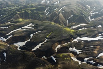 Mountain landscape, sunny, summer, snowfields, volcanic landscape, aerial view, Landmannalaugar,