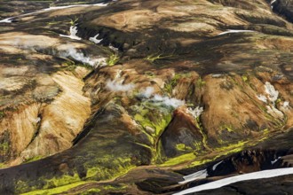 Mountain landscape, sunny, summer, snowfields, hot springs, volcanic landscape, aerial view,