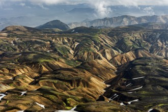 Mountain landscape, sunny, summer, snowfields, volcanic landscape, aerial view, Landmannalaugar,