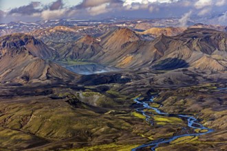 Mountain landscape, lake, river, sunny, summer, volcanic landscape, aerial view, Landmannalaugar,