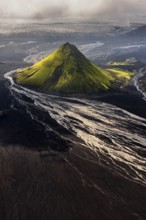 Mountain landscape, sunny, summer, volcanic landscape, river bed, river, aerial view, backlight,