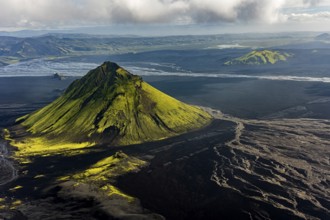 Mountain landscape, sunny, summer, volcanic landscape, river bed, river, aerial view, Maelifell