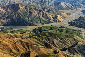 Mountain landscape, sunny, river, summer, volcanic landscape, aerial view, Landmannalaugar,