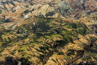 Mountain landscape, sunny, summer, volcanic landscape, aerial view, Landmannalaugar, Fjallabak