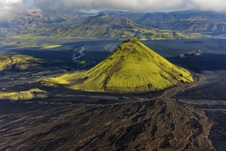 Mountain landscape, sunny, summer, volcanic landscape, river bed, river, aerial view, Maelifell