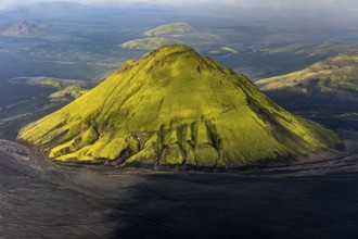 Mountain landscape, sunny, summer, volcanic landscape, aerial view, Maelifell volcano,