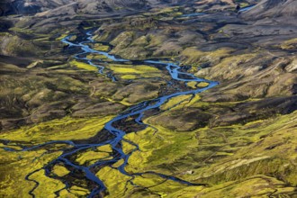 Mountain landscape, river, sunny, summer, volcanic landscape, aerial view, Landmannalaugar,