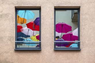 Window coloured umbrellas, Interlaken, Switzerland