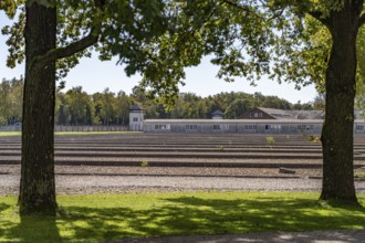 Foundations of the prisoners' barracks and watchtower, Dachau Concentration Camp Memorial, Bavaria,