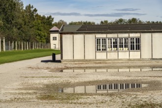 Appellplatz, barracks and watchtower of the Dachau Concentration Camp Memorial, Bavaria, Germany