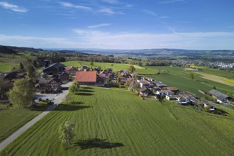 View of the village, in the background the industrial area of Muri, Geltwil, Freiamt, Canton,