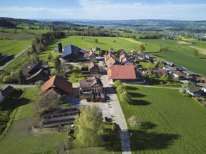 View of the village, in the background the industrial area of Muri, Geltwil, Freiamt, Canton,