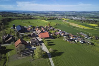 View of the village, in the background the industrial area of Muri, Geltwil, Freiamt, Canton,