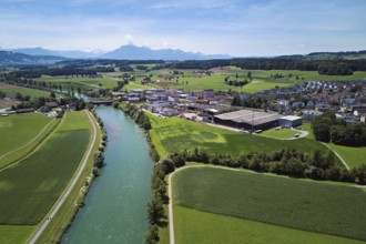 River Reuss right view of the village with the industrial area, Sins, Freiamt, Canton, Aargau,