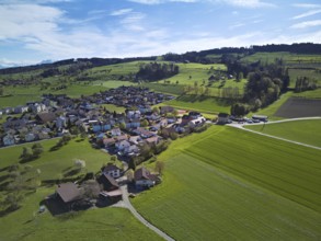 View of the village, behind the Rigi and the snow-covered Alps, Beinwil, Freiamt, Canton, Aargau,