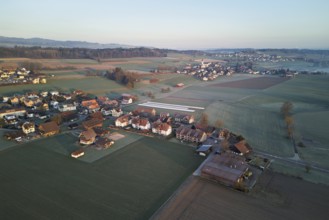 View of the village, surrounded by fields, Aristau, Freiamt, Canton, Aargau, Switzerland