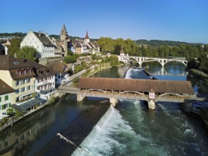 Old town with the tower of the Muri- Amthof, in the foreground the weir and the old wooden bridge