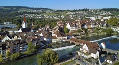 Old town with the Catholic Church of St Nicholas and the tower of the Muri- Amthof, in the