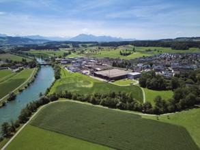 View of the village, industrial area on the right, Pilatus in the background, Sins, Freiamt, Canton