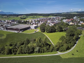 View of the village, industrial area on the left, Sins, Freiamt, Canton, Aargau, Switzerland