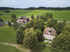 Horben viewpoint with castle and restaurant, Beinwil, Freiamt, Canton, Aargau, Switzerland