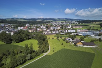 View of the village with the catholic parish church Mariä Geburt, Sins, Freiamt, Canton, Aargau,