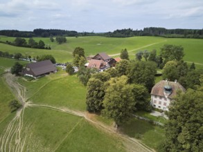 Horben viewpoint with castle and restaurant, Beinwil, Freiamt, Canton, Aargau, Switzerland