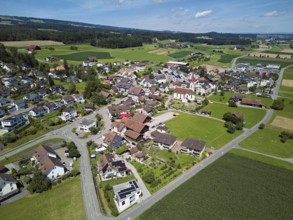 View of the village with the Roman Catholic parish church of St Anna, behind the Lindenberg,
