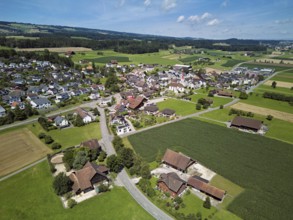 View of the village with the Roman Catholic parish church of St Anna, behind the Lindenberg,