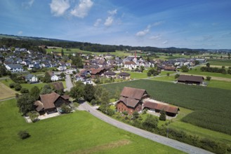 View of the village with the Roman Catholic parish church of St Anna, behind the Lindenberg,