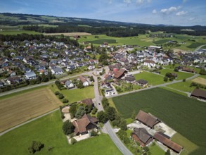 View of the village with the Roman Catholic parish church of St Anna, behind the Lindenberg,