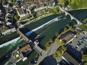 Old town with the weir from above on the river Reuss, Bremgarten, Freiamt, Canton, Aargau,