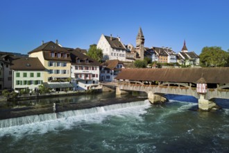 Old town with the tower of the Muri- Amthof, in the foreground the weir and the old wooden bridge