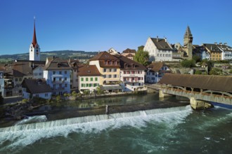 Old town with the Catholic Church of St Nicholas and the tower of the Muri- Amthof, in the