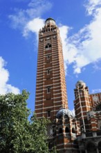 Partial view Westminster Cathedral, London, England, Great Britain, Europe, High red spire against