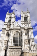 Front view, Twin towers of Westminster Abbey, London, England, Great Britain, Gothic cathedral with