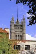 Detail, Victoria Tower, Houses of Parliament, London, England, Great Britain, Gothic tower above