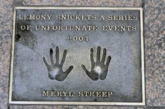 Commemorative plaque with handprints and inscription for Meryl Streep from 2004, London, England,