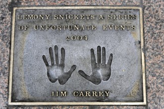 Commemorative plaque with handprints and inscription for Jim Carrey from 2004, London, England,