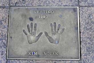 Memorial plaque with handprints and inscription for Kim Novak from 1997, London, England, Great
