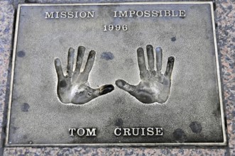 Memorial plaque with handprints and inscription for Tom Cruise from 1996, London, England, Great